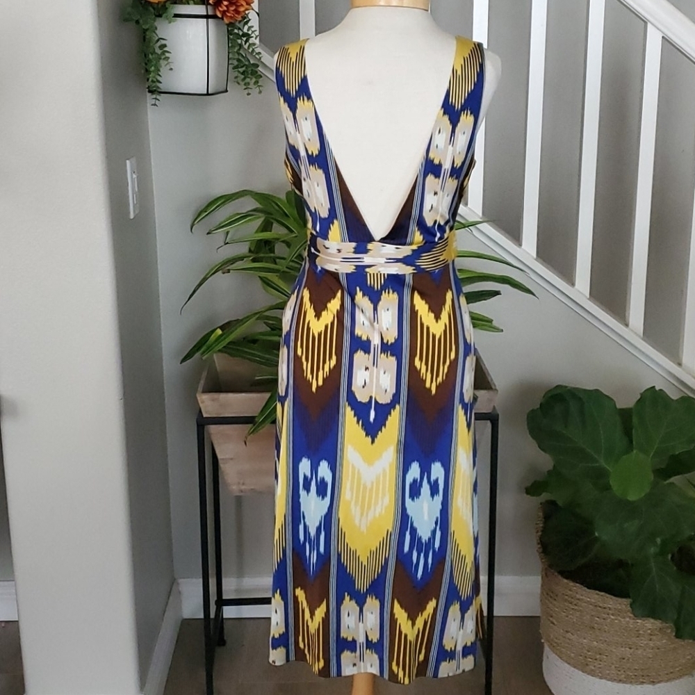 Tory Burch 100% Silk Ikat Resort Midi Dress Blue Yellow Small - Picture 5 of 10